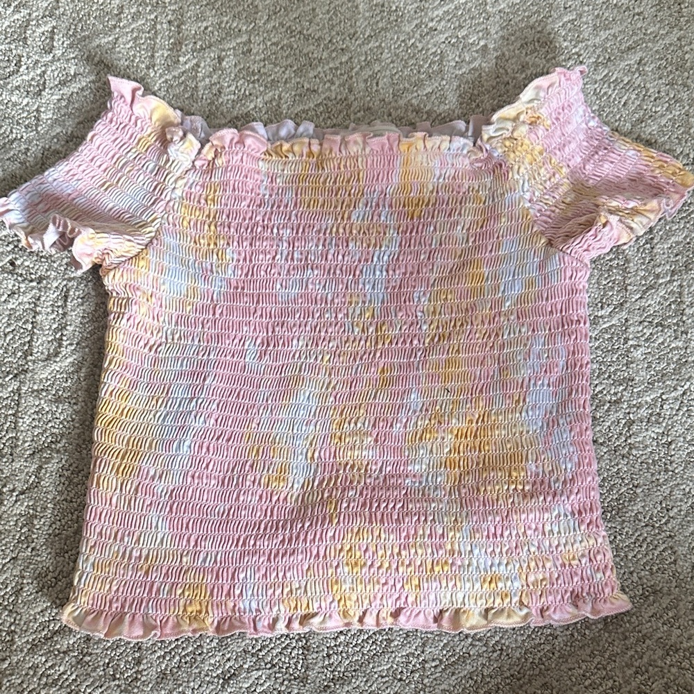 Girls Pink Tie-Dye Smocked Off-Shoulder Tank Top
